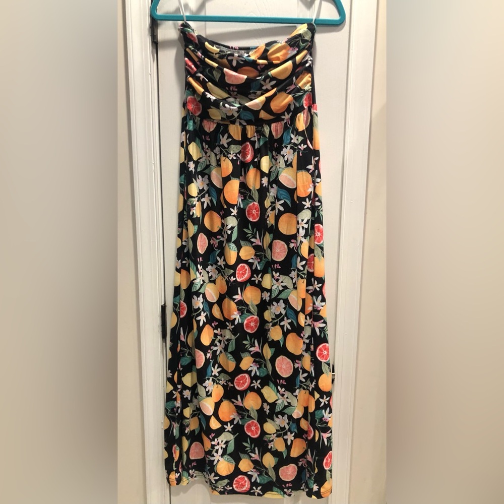 Grace Karin Black Strapless Maxi Dress with Citrus Print